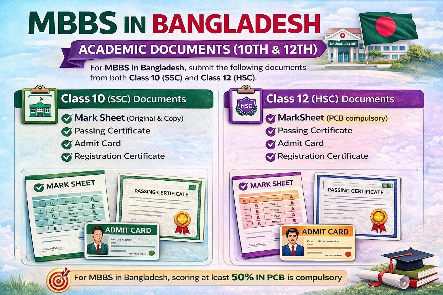 MBBS in Bangladesh academic documents required for Class 10 SSC and Class 12 HSC including mark sheet, passing certificate, admit card and registration certificate with PCB eligibility criteria